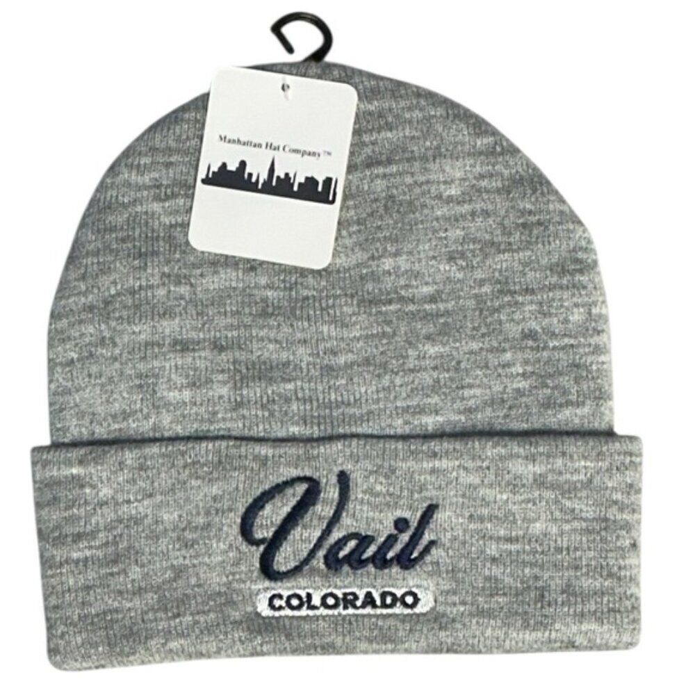Vail Colorado Beanie Knit Hat Embroidered Blue Gray Adult Unisex One Size